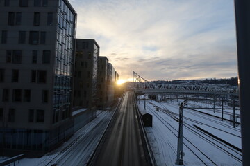 Sunrise view from the Akrobaten bru of Barcode district in Oslo Norway. 