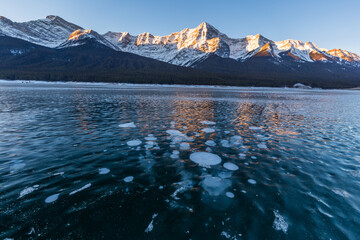 Frozen methane bubbles under ice of Spray lake, Canada