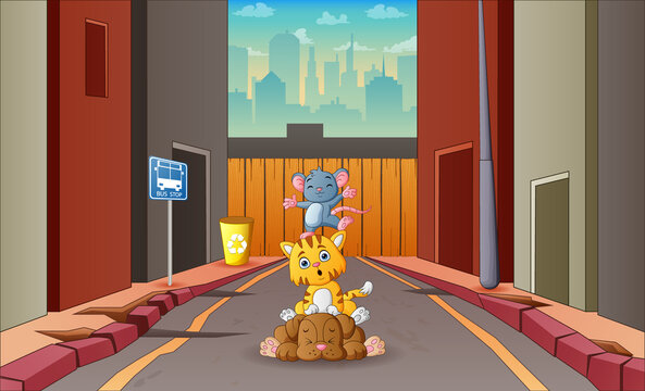 Cartoon pet animals in the middle of road