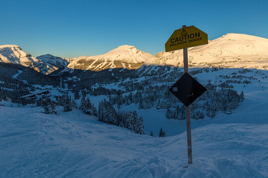 Black Diamond Signage On A Ski Slope, Sunshine Village Sunset, Canada