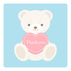 Vector illustration of white teddy bear holding a heart and lettering - Thank you.