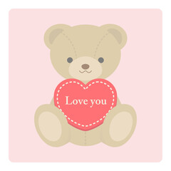 Vector illustration of brown teddy bear holding a heart and lettering - Love you.