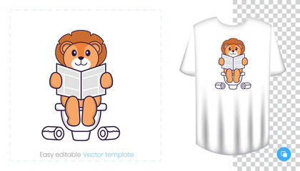 Cute lion character. Prints on T-shirts, sweatshirts, cases for mobile phones, souvenirs. Isolated vector illustration on white background.