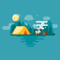 Flat design camping area landscape with tents at night