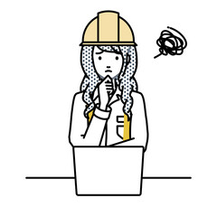 デスクで座ってPCを開いて困っている工事現場の女性