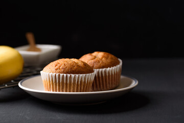 Healthy breakfast banana cake on black background