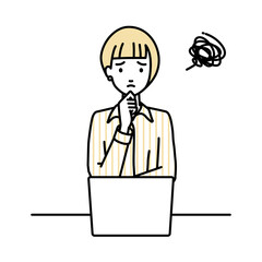 デスクで座ってPCを開いて困っているブラウスの女性