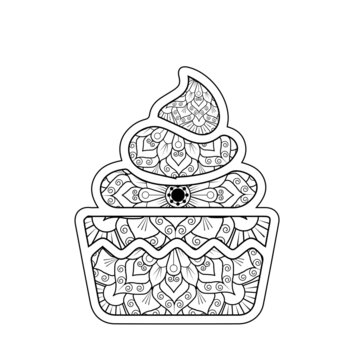 Ice cream mandala coloring page. vector and outline.
Floral, ornate, decorative, sweet dessert composition with mandala. Black and white background.