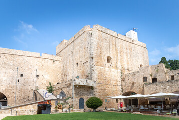 Fortress walls and fortress courtyard near the museum in the fortress of the old city of Acre in northern Israel