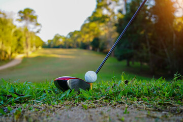 Golf clubs and golf balls on a green lawn in a beautiful golf course with morning sunshine. golf...