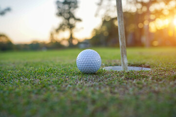 Golf ball is on a green lawn in a beautiful golf course with morning sunshine.Ready for golf in the first short.Sports that people around the world play during the holidays for health