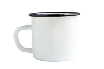 White blank Enamel Mug Mock-up isolated on white background. Blank cup for branding. High-resolution photo.