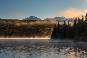 Sunrise on Pyramid Lake, Jasper National Park,Canadian Rocky Mountains Alberta, Canada.