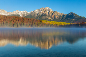 Sunrise on Pyramid Lake, Jasper National Park,Canadian Rocky Mountains Alberta, Canada.