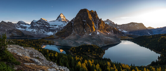 Mount Assiniboine at sunset in larch season fom Nub peak