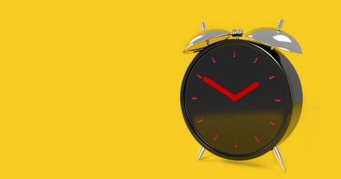 Video illustration of a black analog clock on a yellow background. 4k animated video.