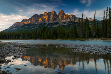 Castle Mountain in Banff hit by the last light of the day