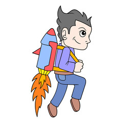 boy is using a rocket on his back flying into the sky, doodle icon image kawaii