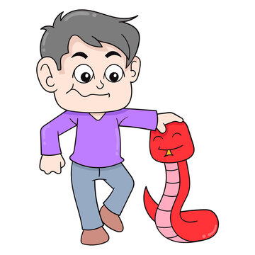 boy kid is playing with red python, doodle icon image kawaii