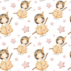 Watercolor seamless pattern with cute girl of the zodiac sign Sagittarius. Great for printing, web, textile design, souvenirs.