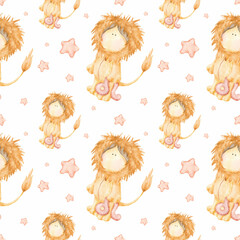 Obraz premium Watercolor funny childish pattern with lion zodiac sign. Great for printing, web, textile design, souvenirs.