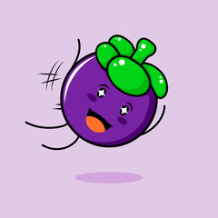 cute mangosteen character with smile and happy expression, jump fly, mouth open and sparkling eyes. green and purple. suitable for emoticon, logo, mascot and icon