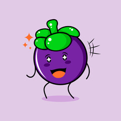 cute mangosteen character with smile and happy expression, mouth open and sparkling eyes. green and purple. suitable for emoticon, logo, mascot and icon