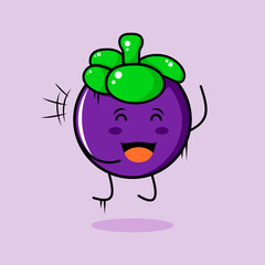cute mangosteen character with smile and happy expression, jump, close eyes and mouth open. green and purple. suitable for emoticon, logo, mascot and icon