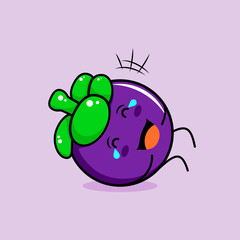 cute mangosteen character with smile and happy expression, lie down, close eyes and tears. green and purple. suitable for emoticon, logo, mascot and icon