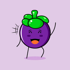 cute mangosteen character with smile and happy expression, close eyes and one hand up. green and purple. suitable for emoticon, logo, mascot and icon