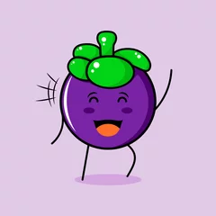 Fotobehang cute mangosteen character with smile and happy expression, close eyes and one hand up. green and purple. suitable for emoticon, logo, mascot and icon © Ris_aris