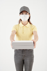 Portrait of courier in protective mask holding boxes of pizza