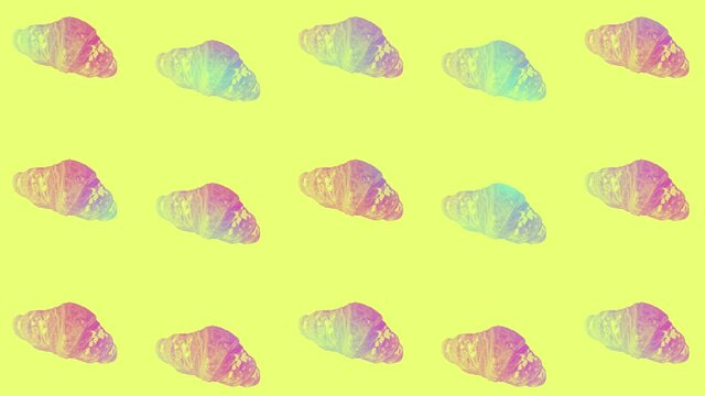 Croissants pattern in vibrant gradient holographic neon colors. Concept art. Minimal surrealism background. Seamless pattern with croissant. Realistic animation. 4K video motion
