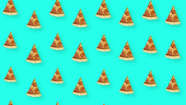 Colorful pattern of pizza isolated on turquoise background. Seamless pattern with pizza slices. Top view. Realistic animation. 4K video motion