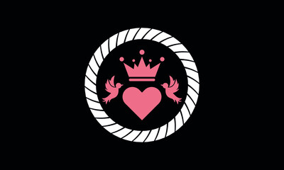Two love birds with crown on hearticon abstract monogram vector logo template