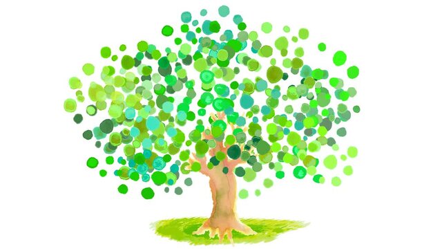 手書き水彩の大木と草原のアニメーション（アルファチャンネル）