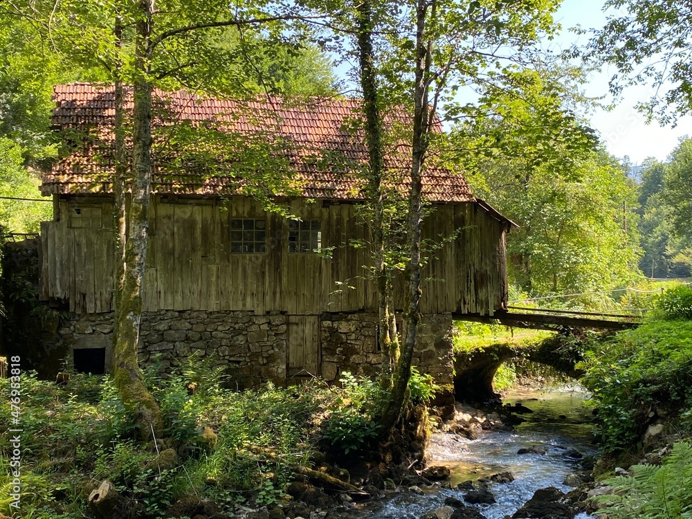 Wall mural old sawmill plant with water turbine or mill of the kovač family, zamost - gorski kotar, croatia (st