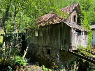 Old sawmill plant with water turbine or mill of the Kovač family, Zamost - Gorski kotar, Croatia (Stari pogon žage sa vodenom turbinom ili mlin obitelji Kovač, Zamost - Gorski kotar, Hrvatska)