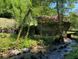 Old sawmill plant with water turbine or mill of the Kovač family, Zamost - Gorski kotar, Croatia (Stari pogon žage sa vodenom turbinom ili mlin obitelji Kovač, Zamost - Gorski kotar, Hrvatska)