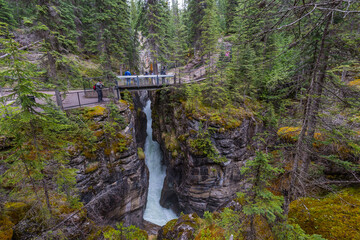 The Maligne River as it flows through the deep gorges of the Maligne Canyon in Jasper National Park in Alberta Canada