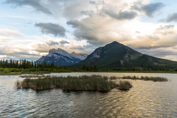 Mount Rundle Glorious Sunrise from the shore of the Vermillion Lakes in Banff National Park, Alberta, Canada
