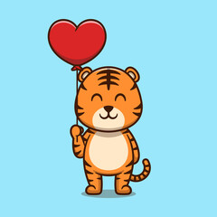 Cute tiger holding love balloon cartoon icon illustration