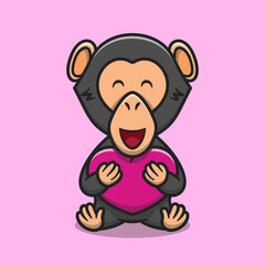 Cute chimpanzee hugging love heart cartoon icon illustration
