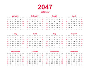 Fototapeta na wymiar Calendar 2047 - 12 months yearly calendar - calendar planner template