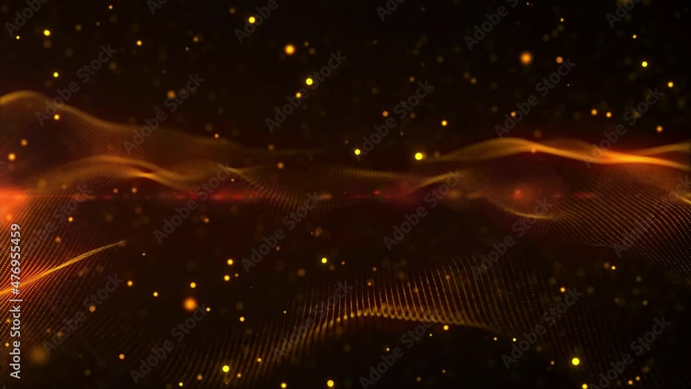 Poster abstract digital golden shinny blurry focus wavy dotted lines and glitter particles with light optic