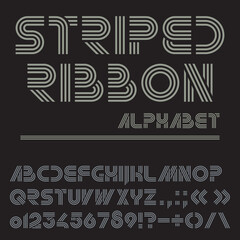 Vector font from striped ribbons. Monochrome alphabet. Letters, numbers and punctuation marks on a black background.