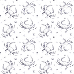 Vintage hand drawn hatch monochrome nautical seamless pattern with crab in water, lobster, pearl, air bubbles. Pattern isolated on white background.