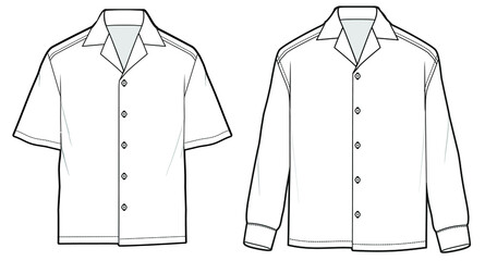 mens resort shirt long sleeve, short sleeve woven shirt technical drawing vector illustration. front view CAD mockup