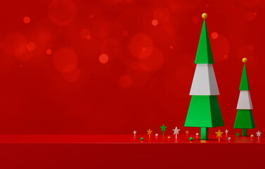 Christmas pine tree with star and balls on podium over red bokeh background, 3d rendering