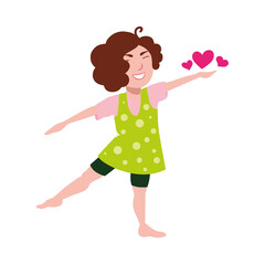 Happy girl in a green sundress holds hearts in her hands. Valentine's Day